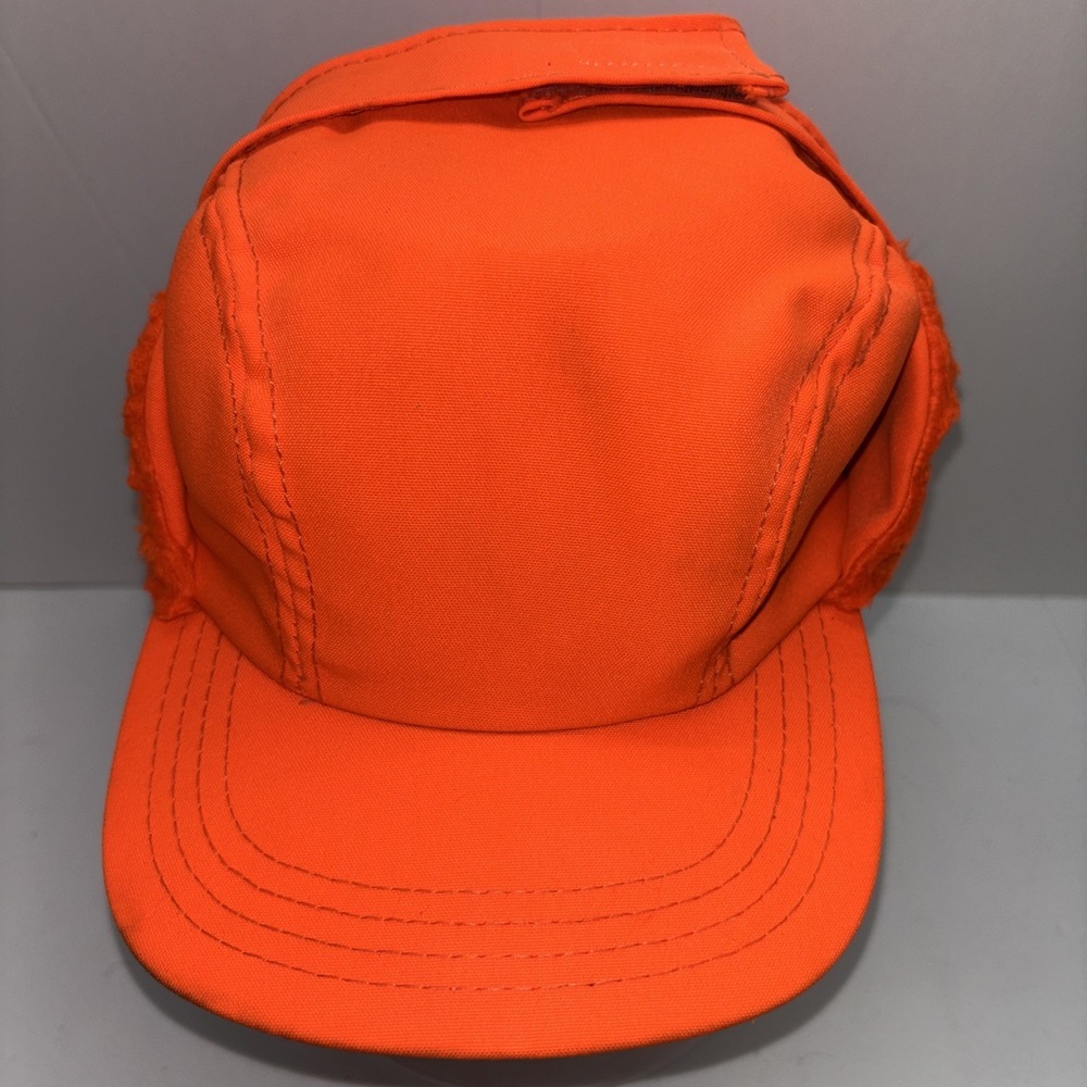 Retro Made USA Blaze Orange 3 Panel Hunting Hat With Ear Flaps Size Lg